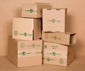 Globe Guard 100% recycled (PCW) content shipping boxes