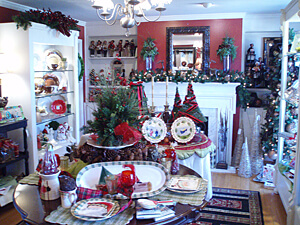The store decorated for Christmas