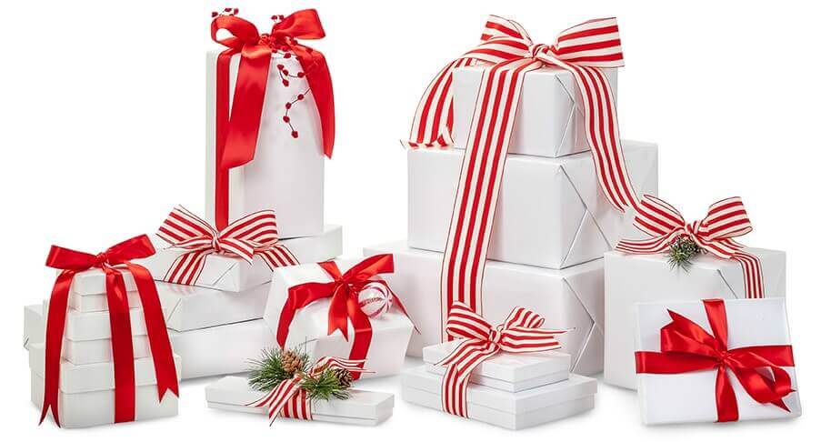 White Gift Boxes with Red Ribbon